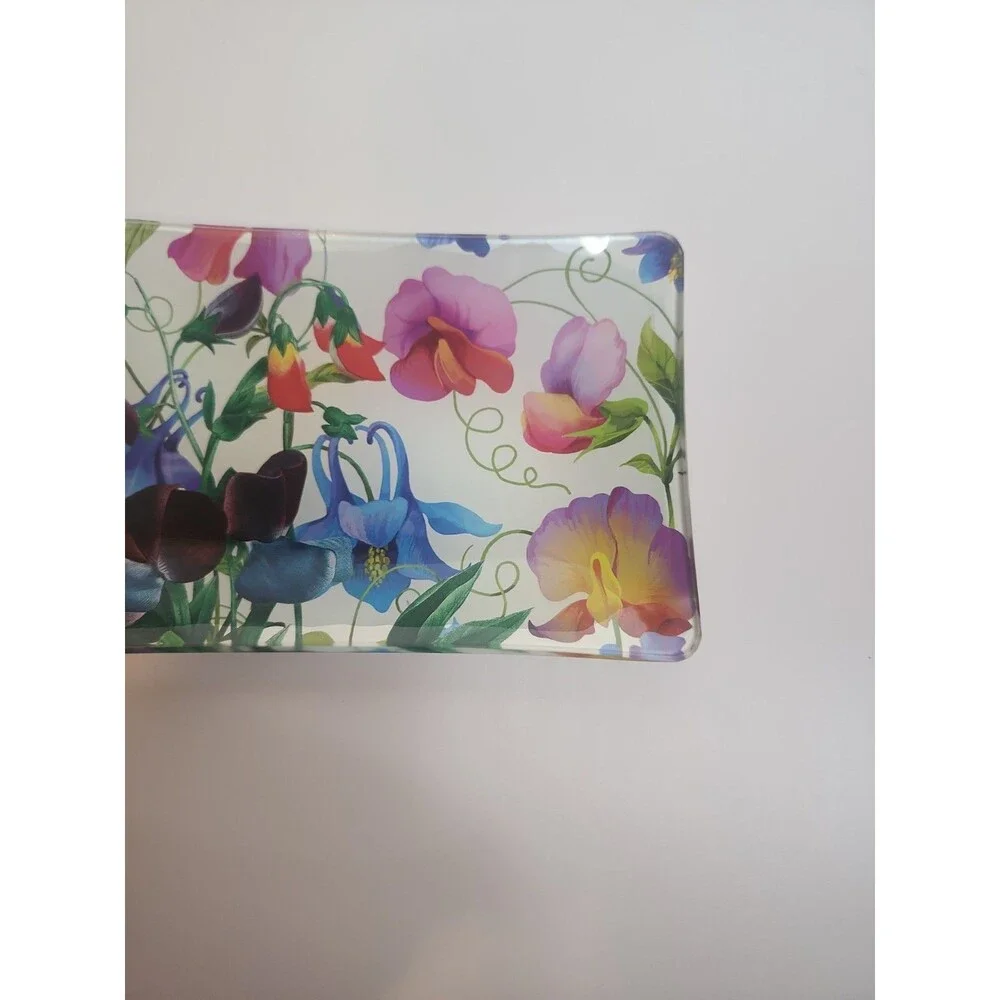 Michel Design Works Sweet Peas Rectangle Glass Soap Dish Floral Multi-Color NWOB
